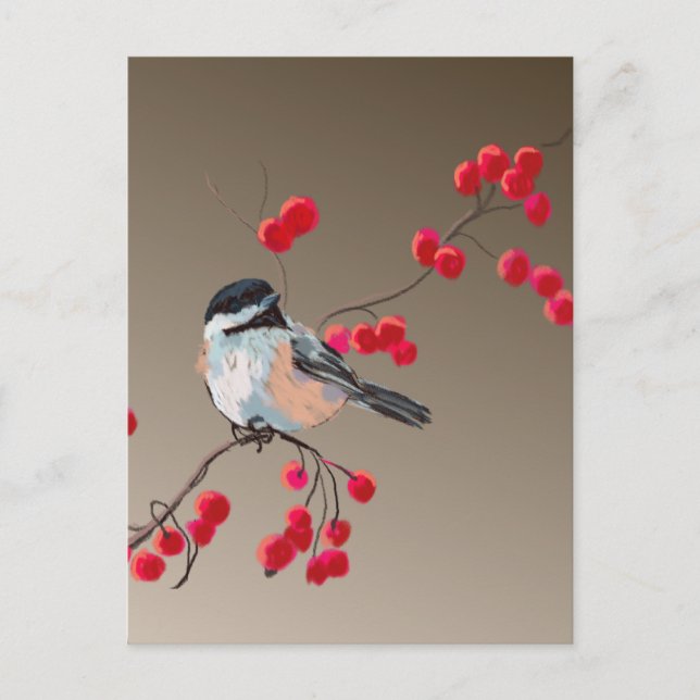 Cartão Postal CHICKADEE & RED BERRIES por SHARON SHARPE (Frente)