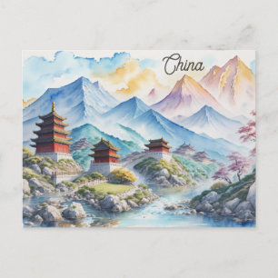 Cartão Postal China Pagoda Mountain Watercolor Viagem