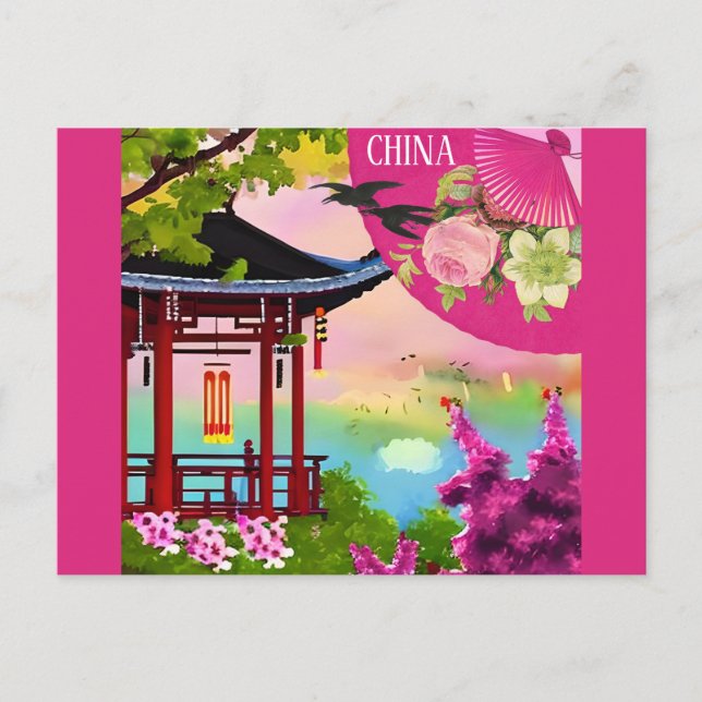 Cartão Postal China Pagoda Watercolor Viagem (Frente)