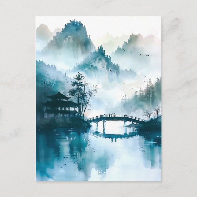 Cartão Postal Chinese Bridge in Watercolor at mountain landscape (Frente)