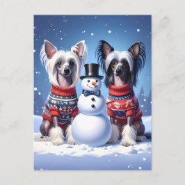 Cartão Postal Chinese Crested Dogs & Snowman