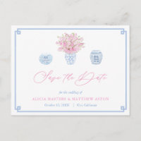 Chinoiserie Chic Pink Blue Casamento Salvar Data