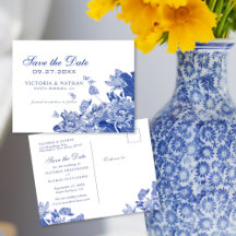 Chinoiserie Floral Azul e Branco Salvar Data P