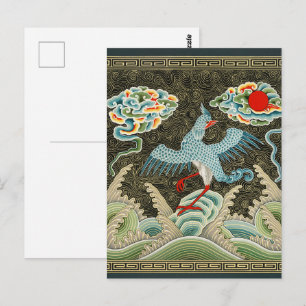 Cartão Postal Chinoiserie padrão de Garça Dourada e Onda do Mar