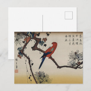 Cartão Postal Chinoiserie Papagaio Vermelho & Zen Pinho Xilograv