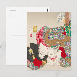 Cartão Postal Chinoiserie Senhora Japonesa & Gato Arte do Quimon