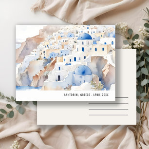 Cartão Postal Chique Minimalista Santorini Grécia Aquarela Viage