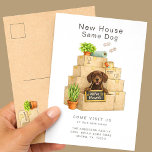 Cartão Postal Chocolate Lab New House Moving Announcement<br><div class="desc">Share your exciting news with this adorable Chocolate Labrador Retriever moving announcement card featuring a happy chocolate lab puppy sitting in a stack of moving boxes holding a “We’ve Moved” sign. The warm watercolor illustration and cozy moving details make this design perfect for dog lovers announcing their new home. Personalize...</div>