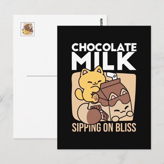 Cartão Postal Chocolate Milk Sipping on Bliss – Kawaii Cat Food  (Frente/Verso)