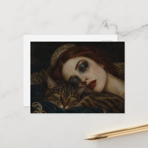 Cartão Postal Chorando Com Seu Gato A Rainha na Cama