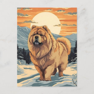 Cartão Postal Chow Chow nas montanhas nevadas durante o pôr do s