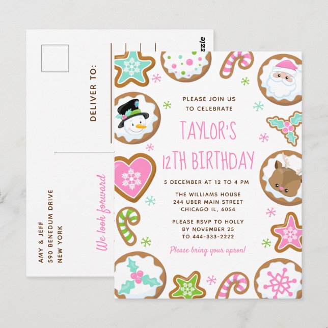 Cartão Postal Christmas Cookies Birthday Party Pink and Green (Frente/Verso)