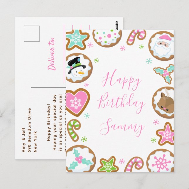 Cartão Postal Christmas Cookies Pink and Green Happy Birthday (Frente/Verso)