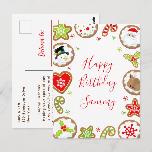 Cartão Postal Christmas Cookies Red and Green Happy Birthday (Frente/Verso)
