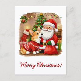 Cartão Postal Christmas Corgi and Santa Postcard