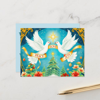 Cartão Postal Christmas Doves, Christmas Tree, Love,Peace, Joy