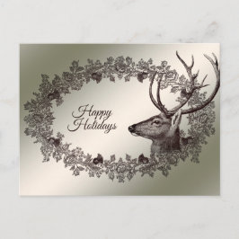 Cartão Postal Christmas Greeting Floral Reindeer Golden Winter