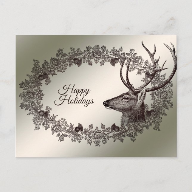 Cartão Postal Christmas Greeting Floral Reindeer Golden Winter (Frente)