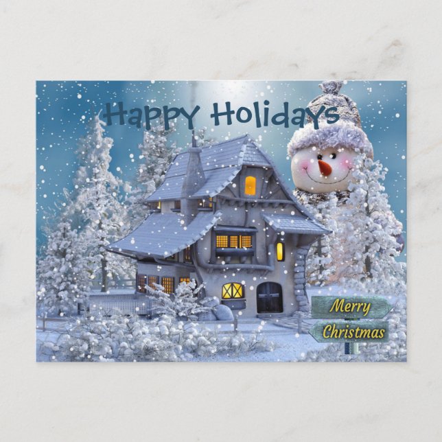 Cartão Postal Christmas Greeting Winter Snowman Blue Rustic (Frente)