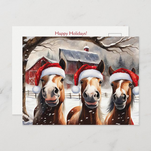 Cartão Postal Christmas Horses Cute and Fun Holidays (Frente/Verso)