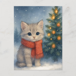 Cartão Postal Christmas Kitten Postcard Cute Cat in Red Scarf 