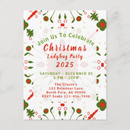 Cartão Postal Christmas Ladybug Party Red White Green