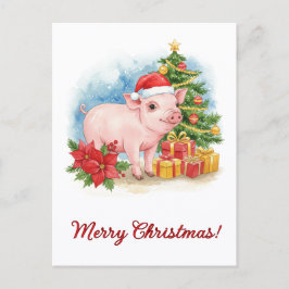 Cartão Postal Christmas Piglet Postcard Holiday Watercolor Art