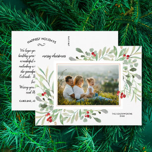 Cartão Postal Christmas Watercolor Greenery Berries Family Photo