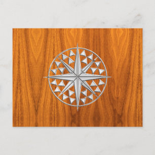 Cartão Postal Chrome Like Nautical Compass Star on Teak Veneer