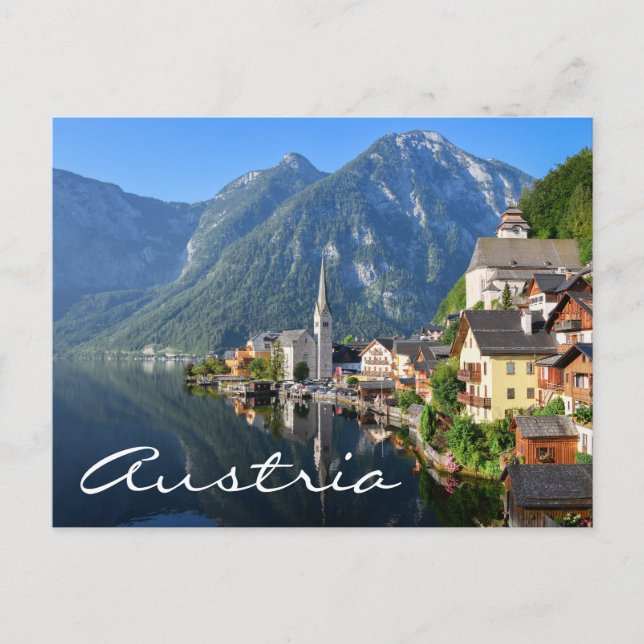 Cartão Postal Church and village of Hallstatt, Austria with Alps (Frente)