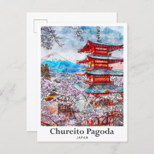 Cartão Postal Chureito Pagoda Japão Viagem Watercolor - Desenhad