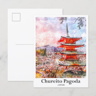 Cartão Postal Chureito Pagoda Japão Viagem Watercolor - Desenhad