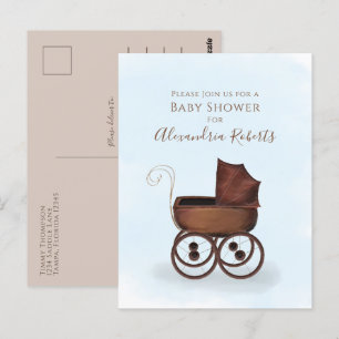 Cartão Postal Chuva Azul do Bebê Chuveiro Aquarela Carruagem Ant
