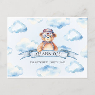 Cartão Postal Chuva Azul Vintage Urso Menino Chá de Bebê