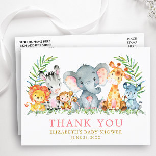 Cartão Postal Chuva de Bebê Animais da Savana Agradecimento Rosa