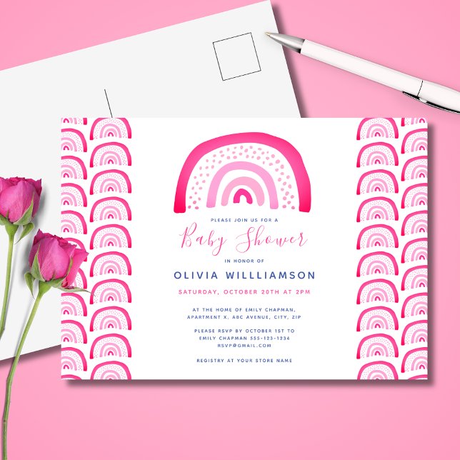 Cartão Postal Chuva de bebê arco-íris rosa moderna (Pink girls baby shower invitation postcard.  Matching accessories and party range available. )