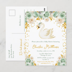 Cartão Postal Chuva de Bebê Cisne Verde e Rosas Douradas