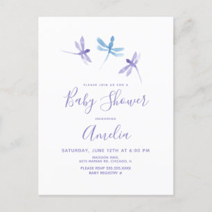 Cartão Postal Chuva de Bebê Libélula Aquarela Roxo Azul