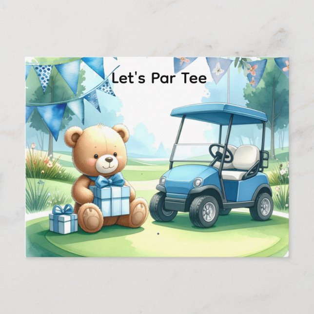 Cartão Postal Chuva de Bebê Menino Azul Tema de Golfe (Frente)
