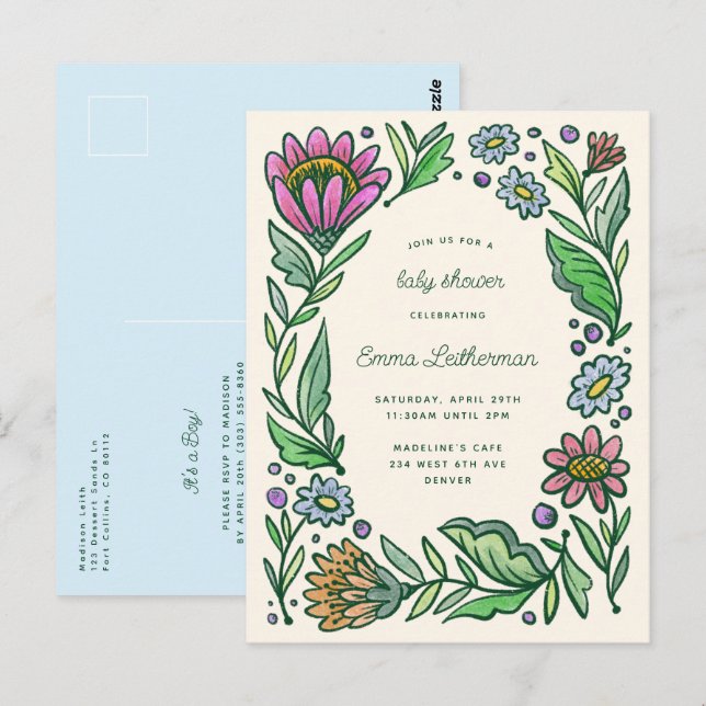 Cartão Postal Chuva de Bebê Menino Floral Escandinavo Artístico (Frente/Verso)