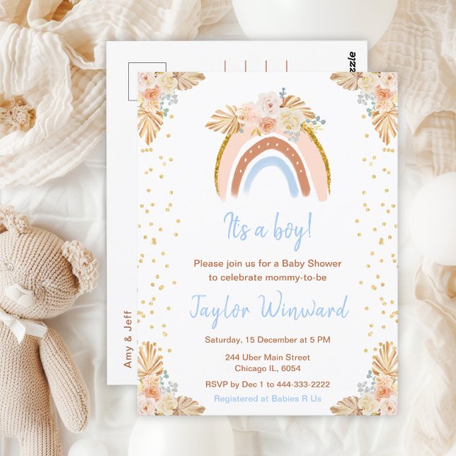 Cartão Postal Chuva de Boho Azul Baby Shower (Criador carregado)