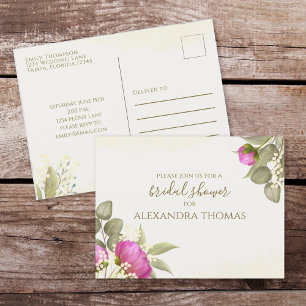 Cartão Postal Chuva de Noiva Floral Aquarela Peônia Verde