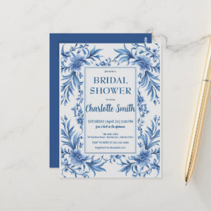 Cartão Postal Chuva de noiva floral azul moderno com chinoiserie