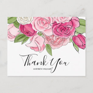 Cartão Postal Chuva de Rosas em Aquarela Rosa - Obrigado pelo Ch