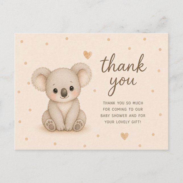 Cartão Postal Chuveirinho de Bebê Urso Coala Bebê Obrigado (Frente)