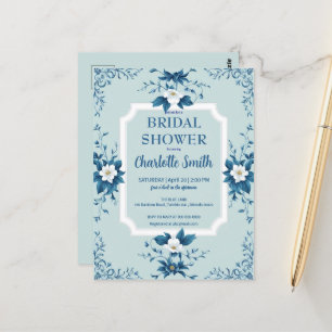 Cartão Postal Chuveiro de noiva floral azul elegante chinesice