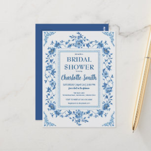 Cartão Postal Chuveiro de noiva floral simples azul chinoiserie