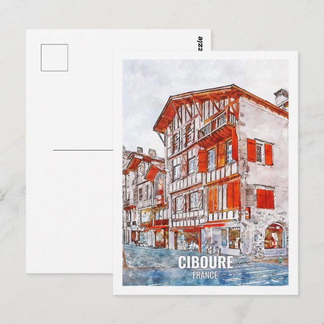 Cartão Postal Ciboure France Viagem Place Watercolor (Frente/Verso)