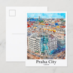 Cartão Postal Cidade de Praha Viagem Aquarela Checa Desenhada