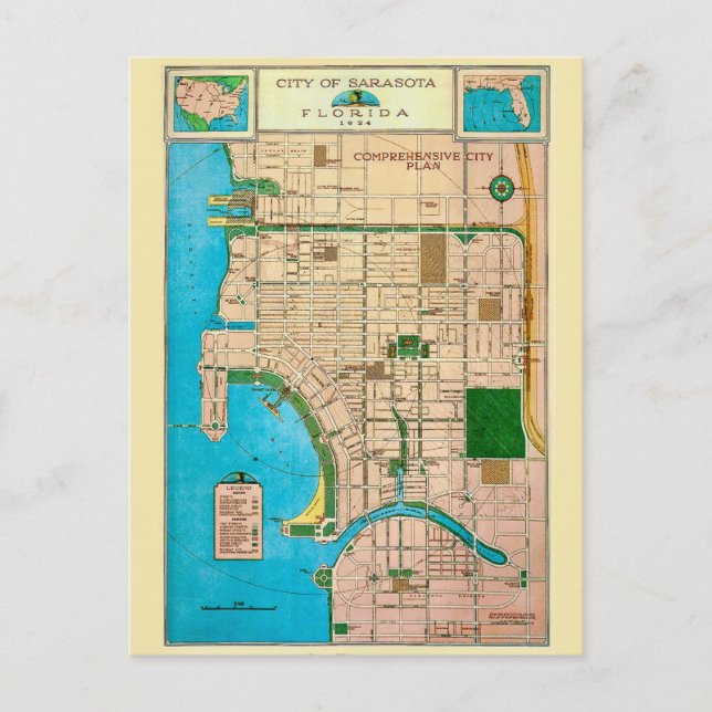 Cartão Postal Cidade de Sarasota Mapa Antigo (Frente)